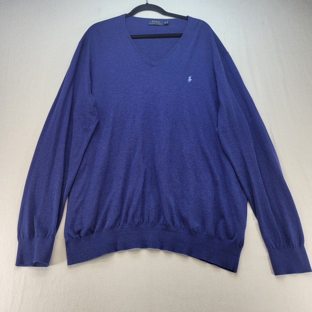 Polo Ralph Lauren Sweater Mens 2XLT Blue V-Neck Cotton Cashmere Knit Pony Logo